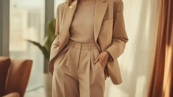 Elegancki beżowy garnitur w stylu business casual. Kobieta w marynarce i spodniach z wysokim stanem, gotowa na ważne spotkanie.
